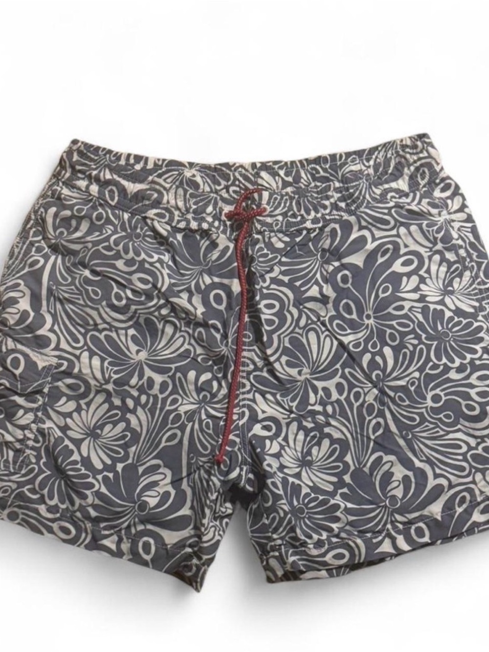 Tommy Bahama Gray and White Floral Swim Trunks with Red Drawstring